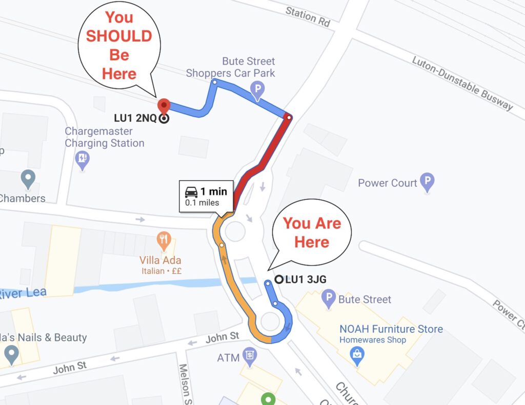 Google Map showing the driving route and distance between the car park at the given postcode, and the car park at the given address