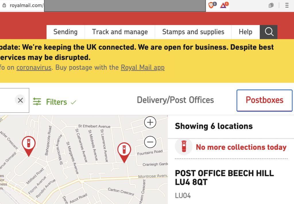 Map showing the postcode error on the Royal Mail website