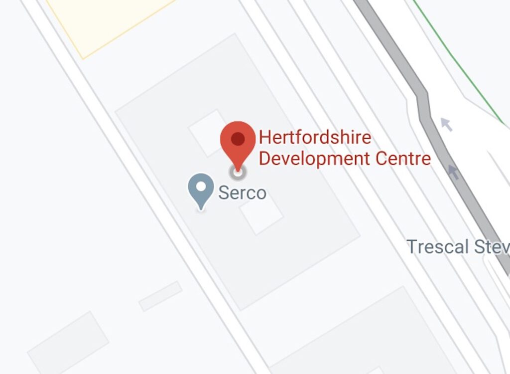 Google map showing proximity of testing centre address, to Serco  call centre.