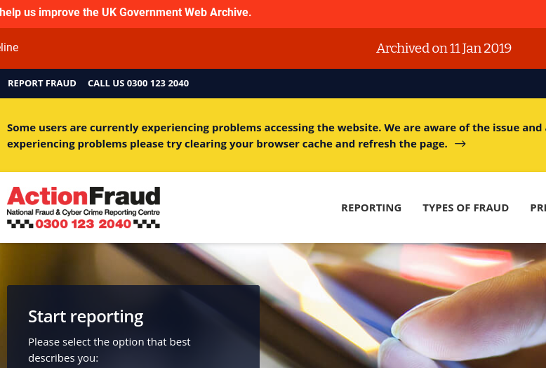 Screenshot of the archived version of the Action Fraud website linked to from the NCA contact us page.